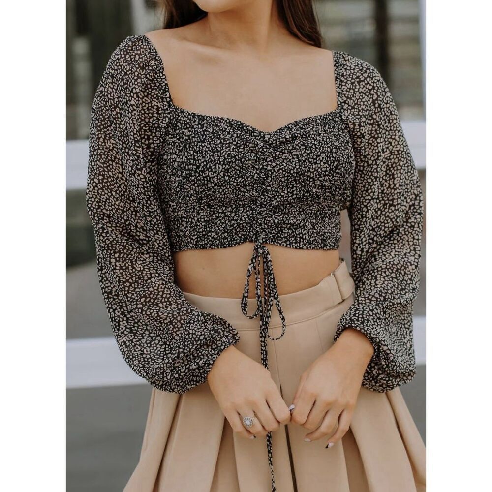 Hyfve Chasing The Dream Top In Black And Tan Women’s Cropped Long Puff Sleeves L